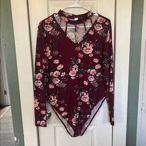 No Boundaries Burgundy Floral V-Neck Long Sleeve Bodysuit